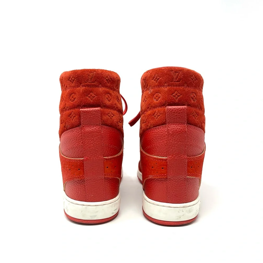 Louis Vuitton LV Logo Monogram High Top Suede Wedge Sneakers Shoes Red 37.5 7.5